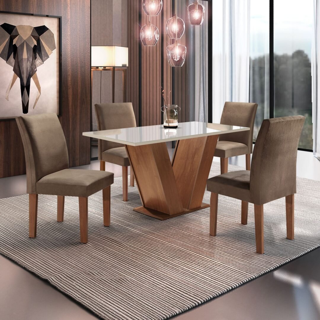 Conjunto Sala de Jantar Mesa Tampo de Vidro 4 Cadeiras