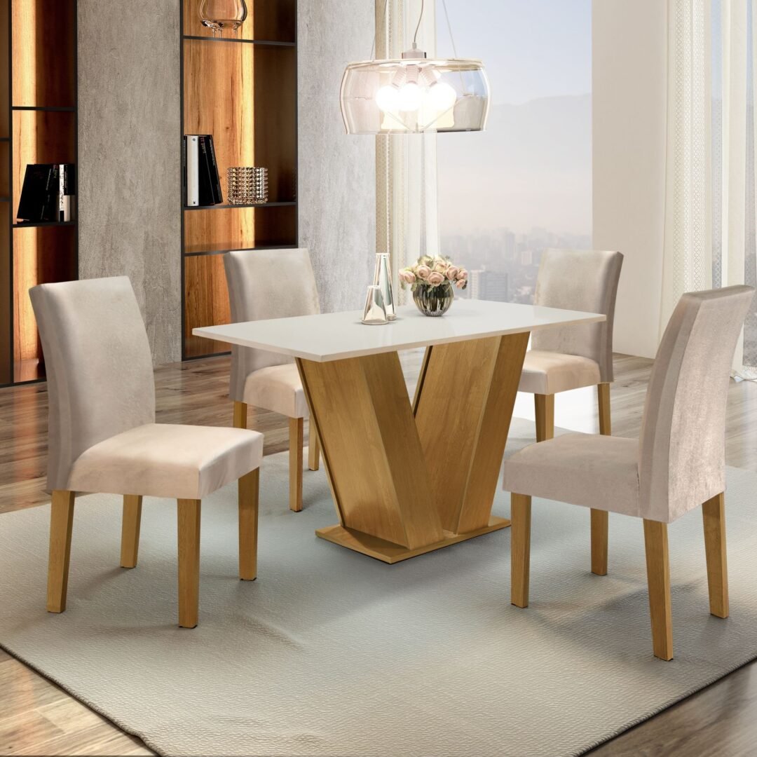 Conjunto Sala de Jantar Mesa Tampo MDF 4 Cadeiras