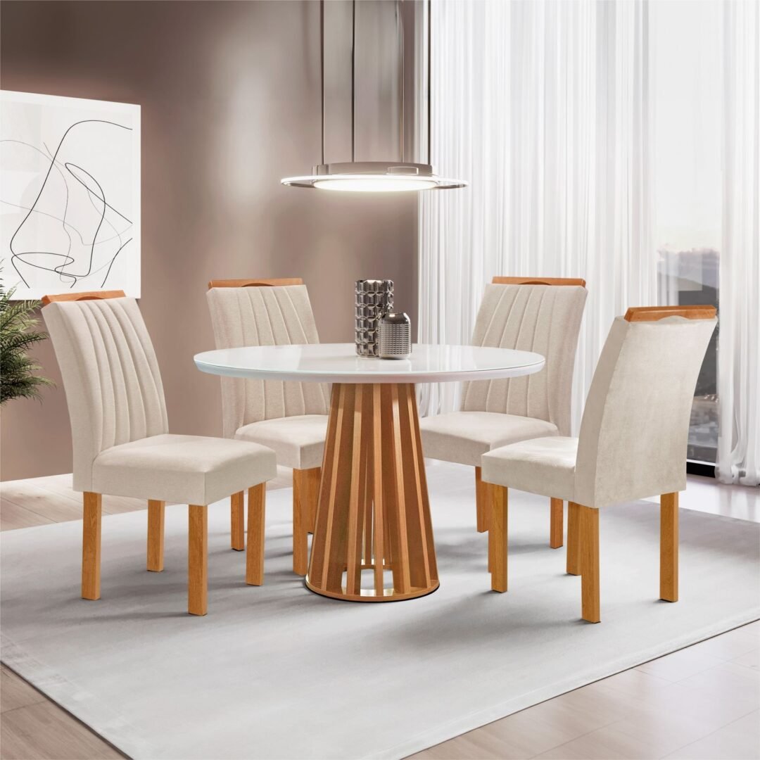 Conjunto Mesa Tampo Redondo Plus Vidro Kansas 100cm 4 Cadeiras