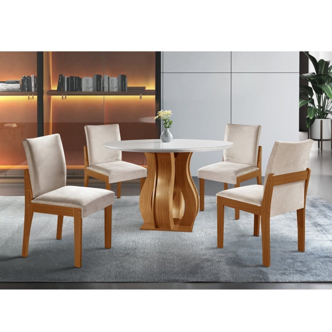 Conjunto Sala de Jantar Mesa Nuance 110cm Redonda Tampo Vidro/MDF com 4 Cadeiras Monaco