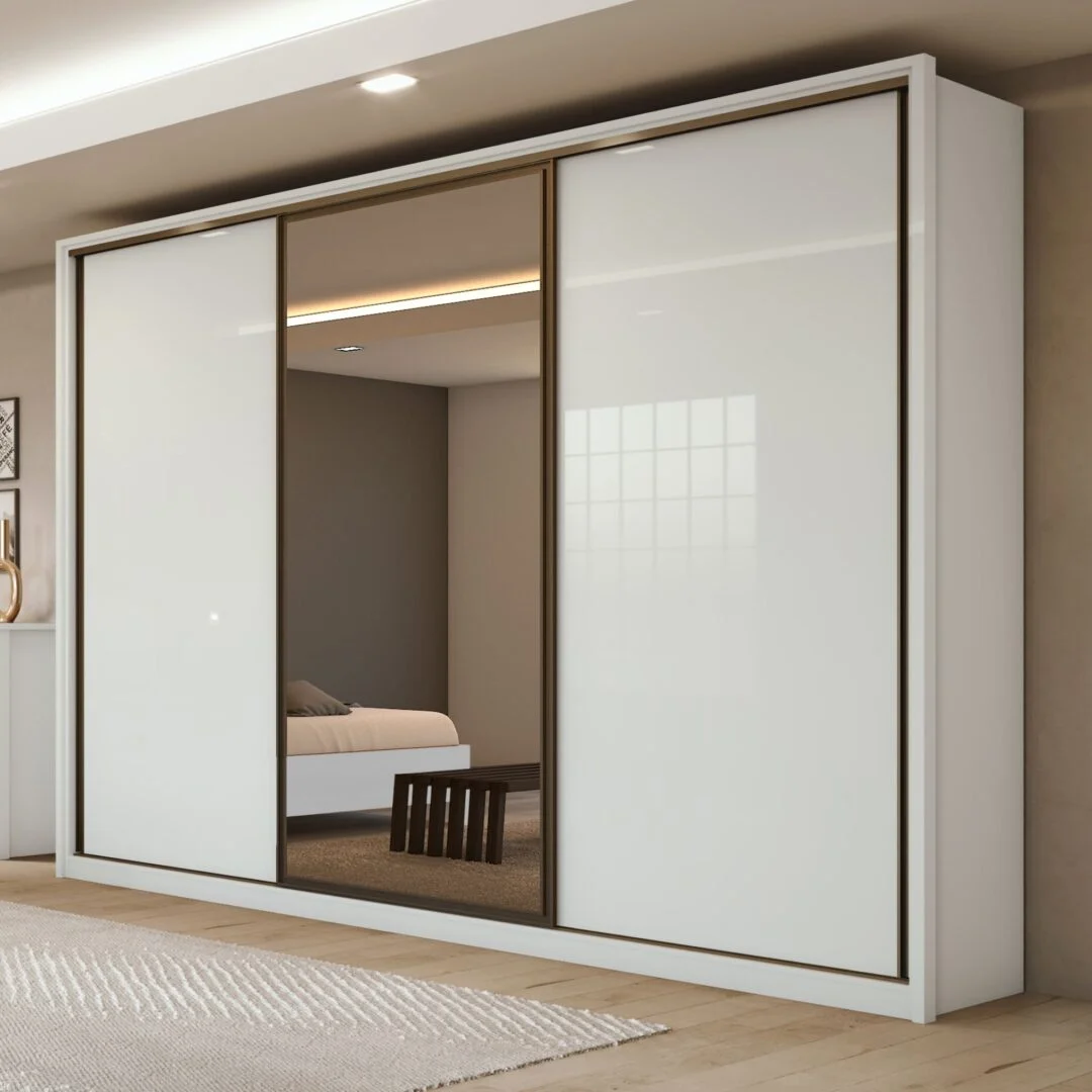 Guarda Roupa Casal com Espelho 3 Portas de Correr 6 Gavetas 270,5cm Spazio Glass Espresso Móveis 100% MDF