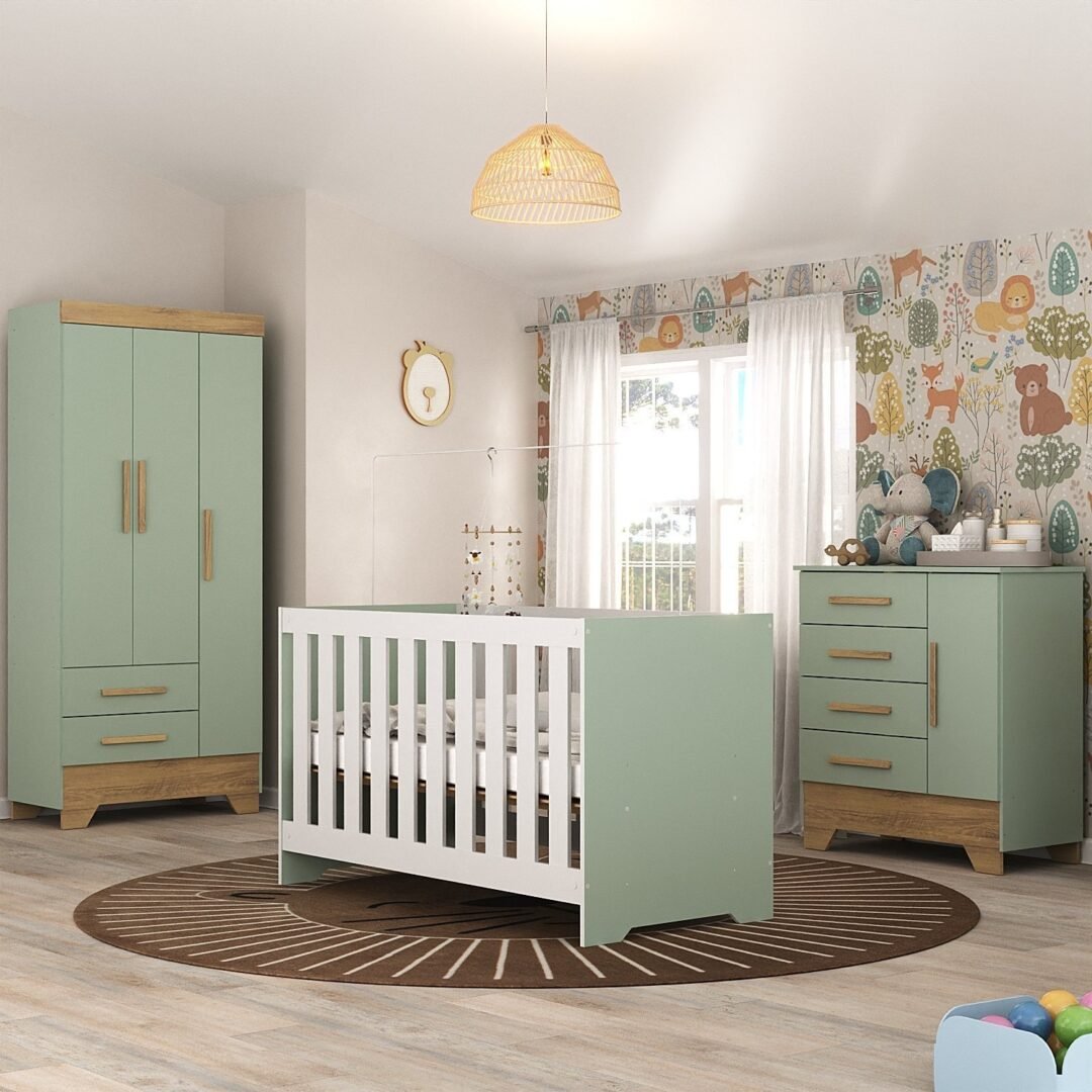 Quarto de Bebê Completo Guarda Roupa 3 Portas 2 Gavetas com Cômoda e Berço Lily Espresso Móveis