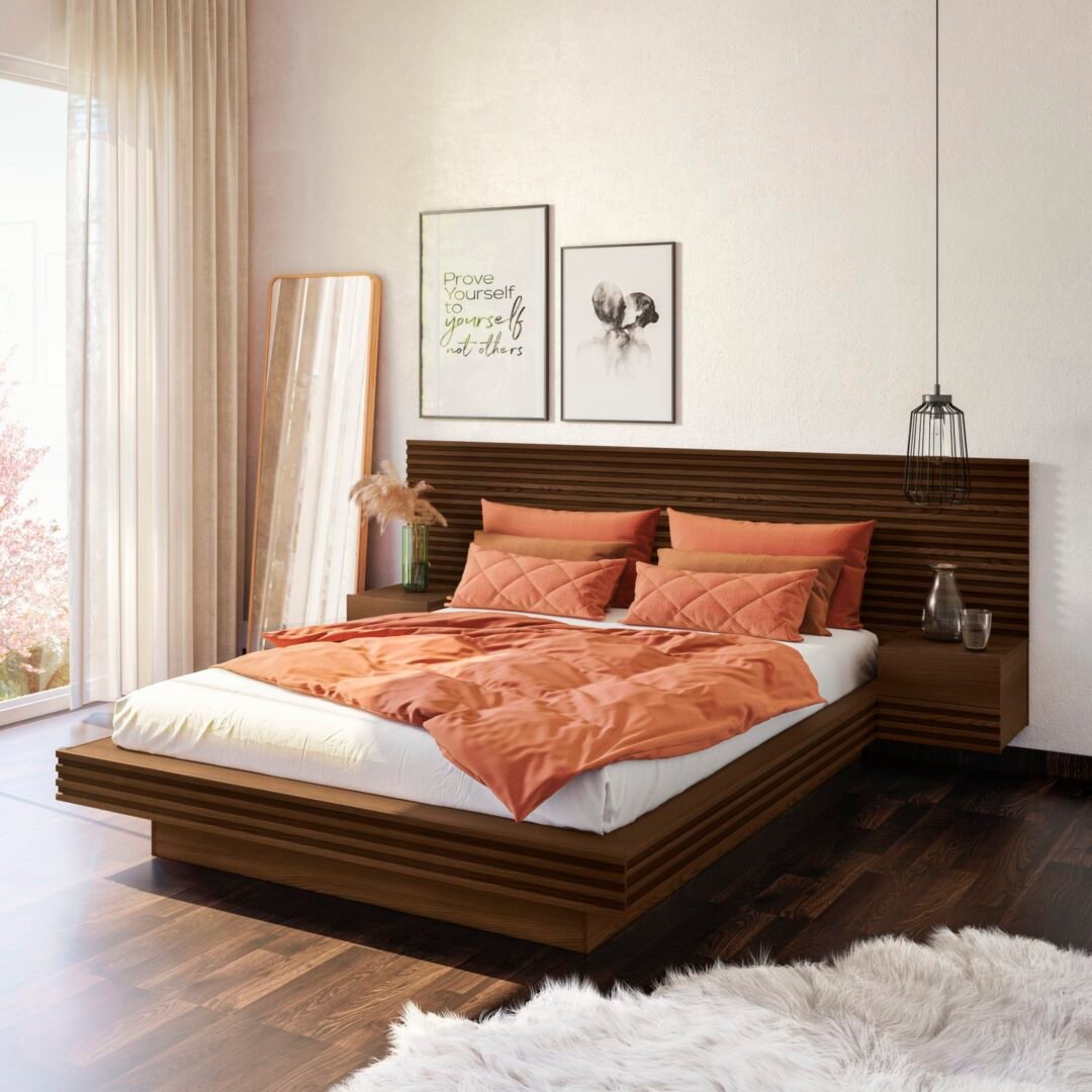 Cama Casal/Queen com Cabeceira e Mesa de Apoio