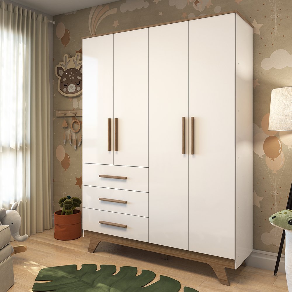 Guarda Roupa Infantil 4 Portas 3 Gavetas em MDF Kakau Retrô Branco Brilho/Carvalho
