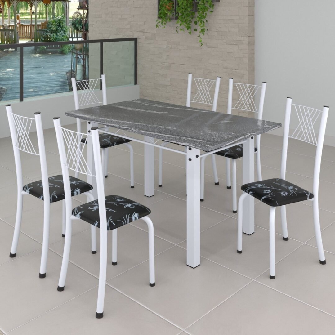 Conjunto de Jantar Mesa 140x75cm Tampo de Granito Topázio com 6 Cadeiras Sara