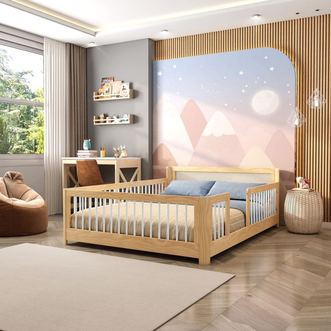 Cama Infantil Casal Montessoriano Wave com Rattan Casatema MadeiraOriginals