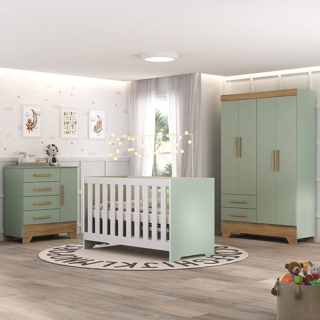 Quarto de Bebê Completo Guarda Roupa 4 Portas 2 Gavetas com Cômoda e Berço Lily Espresso Móveis