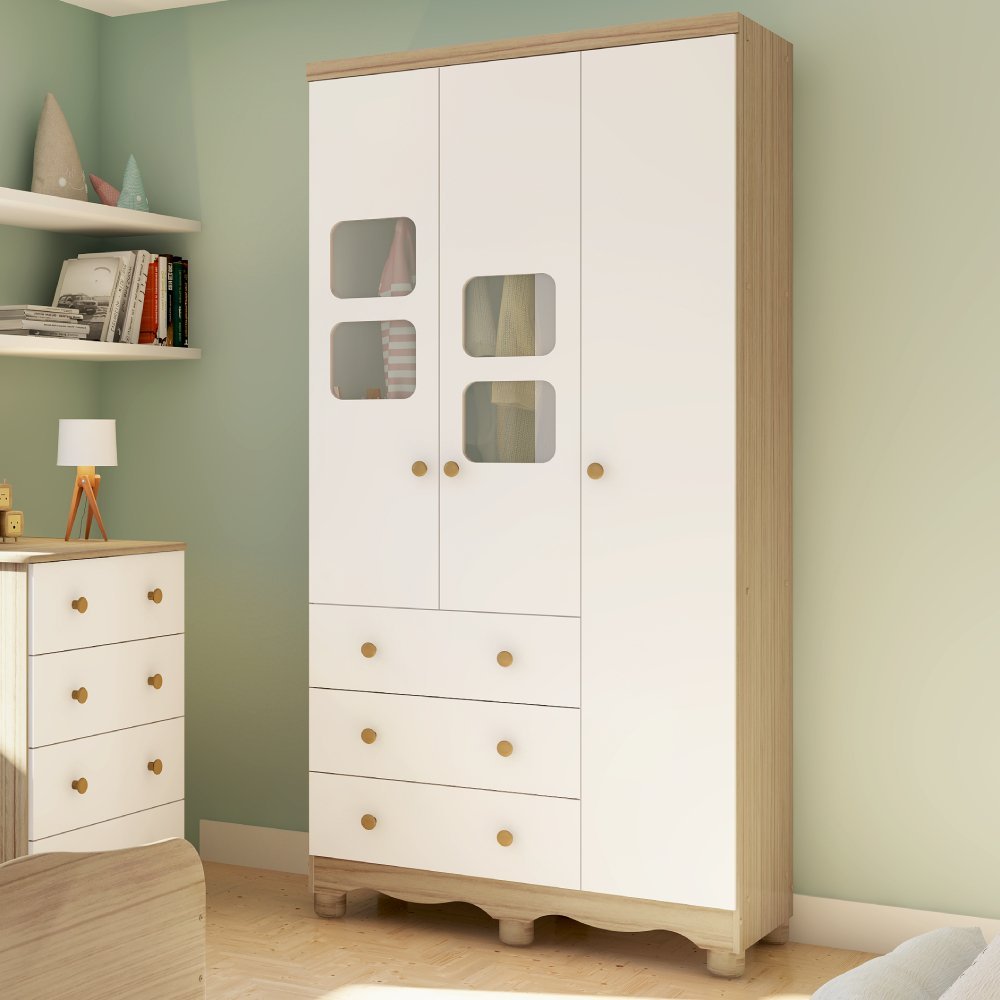 Guarda-Roupa Infantil 91cm 3 Portas 3 Gavetas com Janelas e Pés Mimo 100% MDF Espresso Móveis