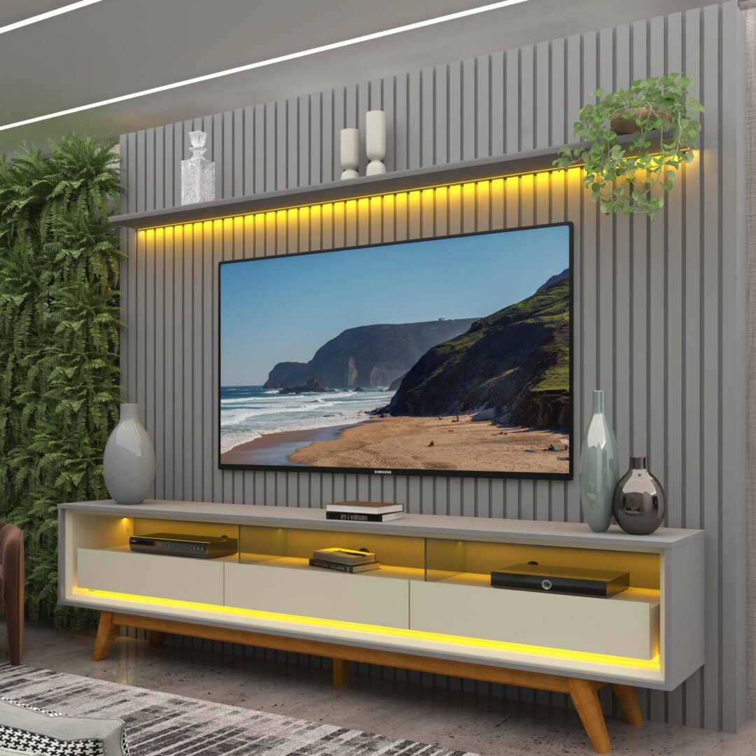 Rack com Painel Ripado para Tv até 90 Polegadas Led 3 Gavetas com Pés 230cm Nobre 100% MDF