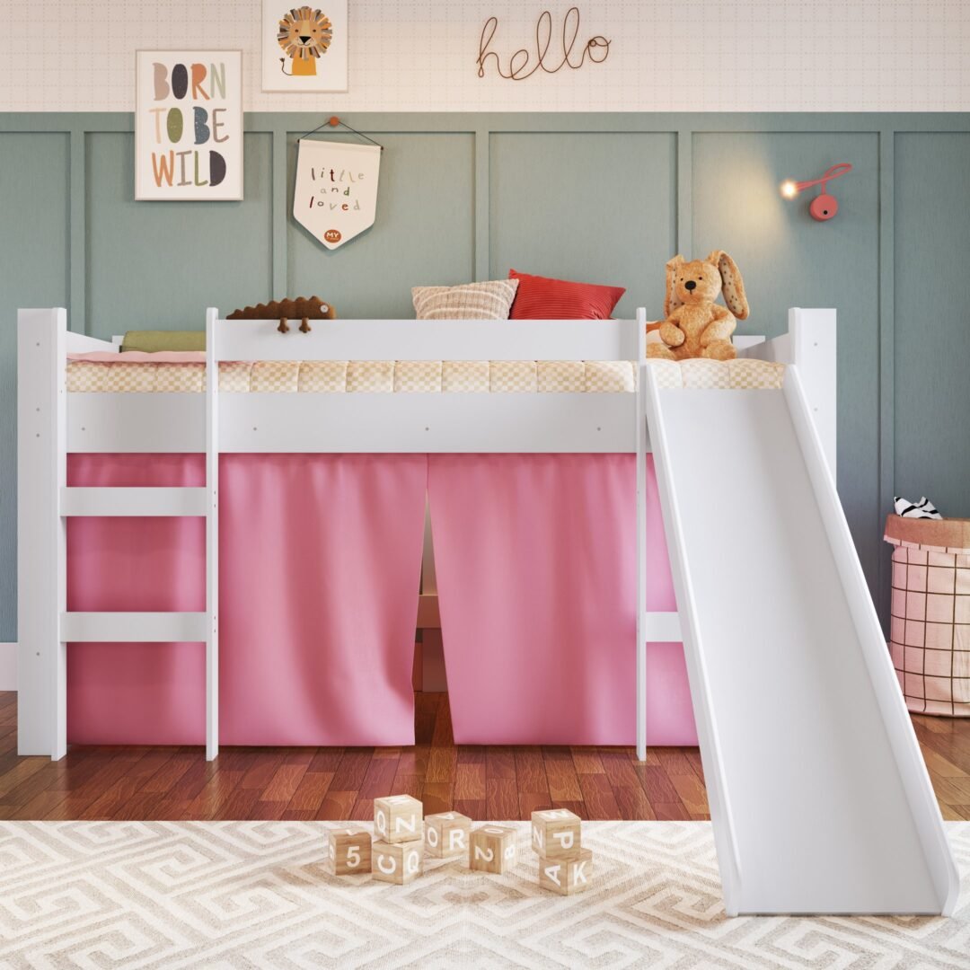 Cama Infantil Elevada com Escorregador e Cortina