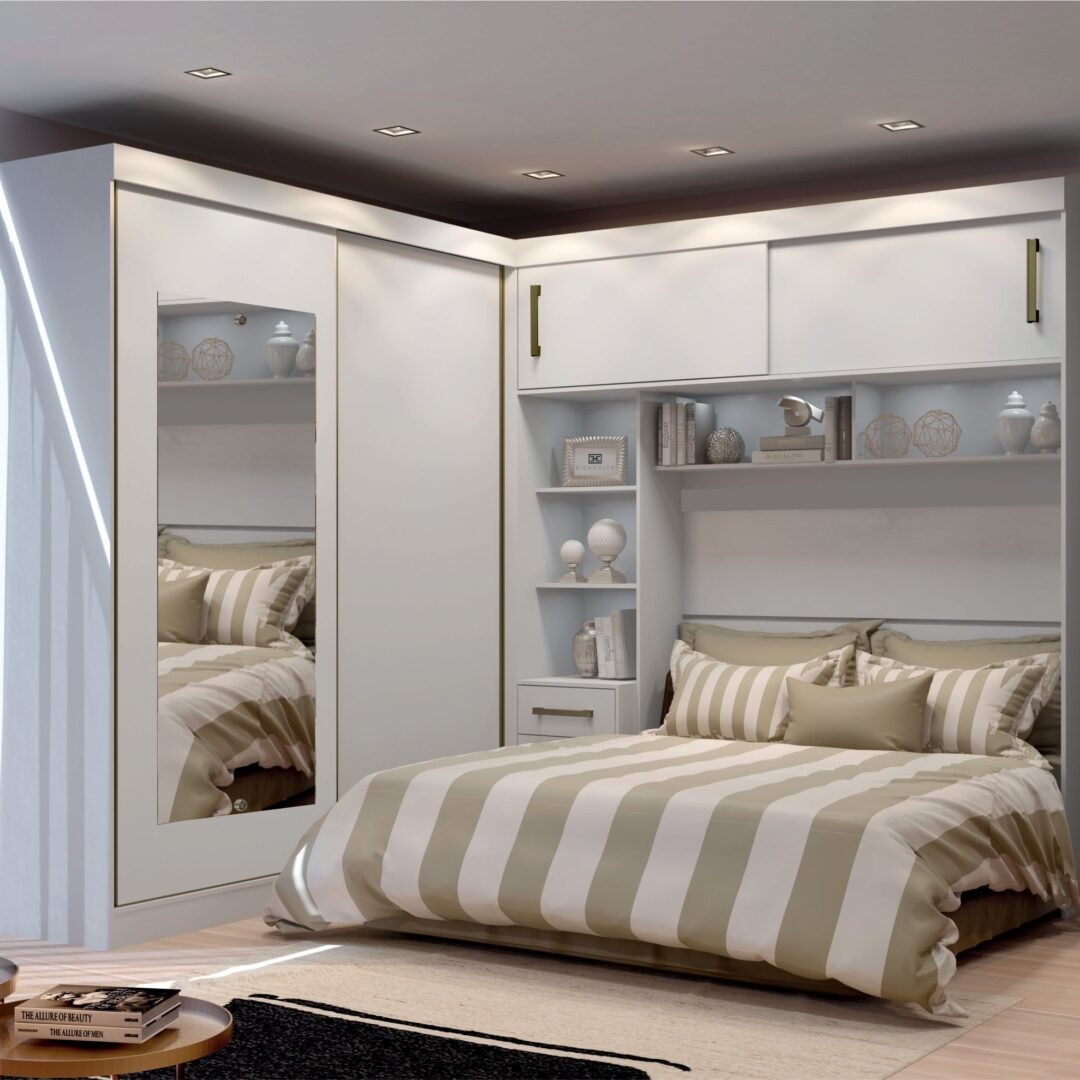 Guarda-Roupa Casal com Cabeceira Queen e Espelho 4 Portas de Correr 3 Gavetas Florença Espresso Móve