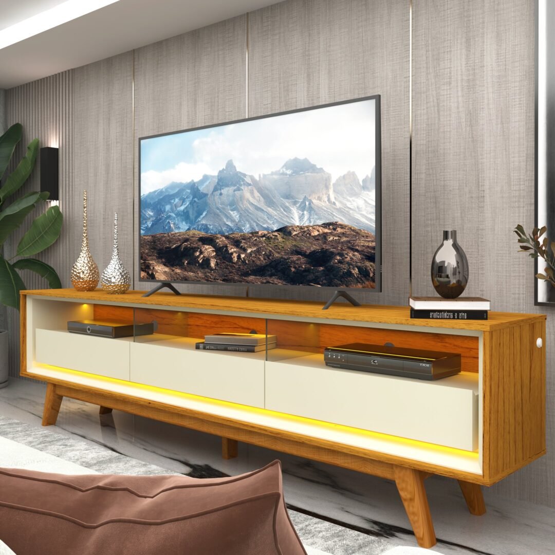 Rack para TV até 85 Polegadas com LED e Pés Madeira Maciça 211,4cm 100% MDF Requinte