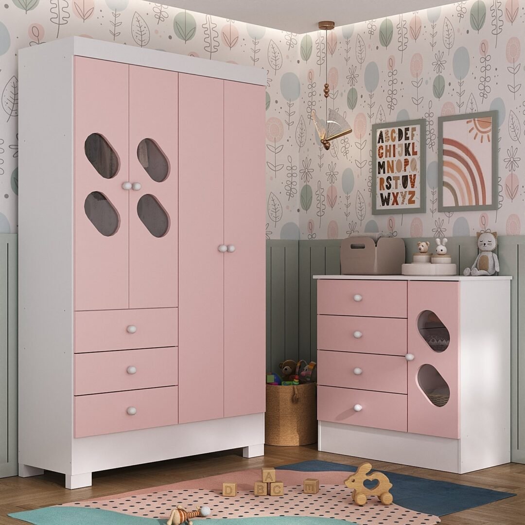 Quarto Infantil Completo Guarda Roupa 4 Portas 3 Gavetas com Cômoda Stella Espresso Móveis