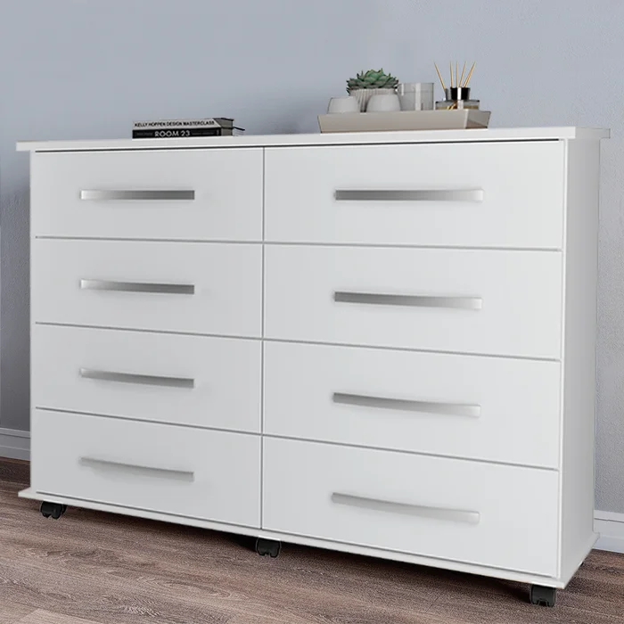Cômoda Jade com 8 Gavetas Pés Rodízios Branco