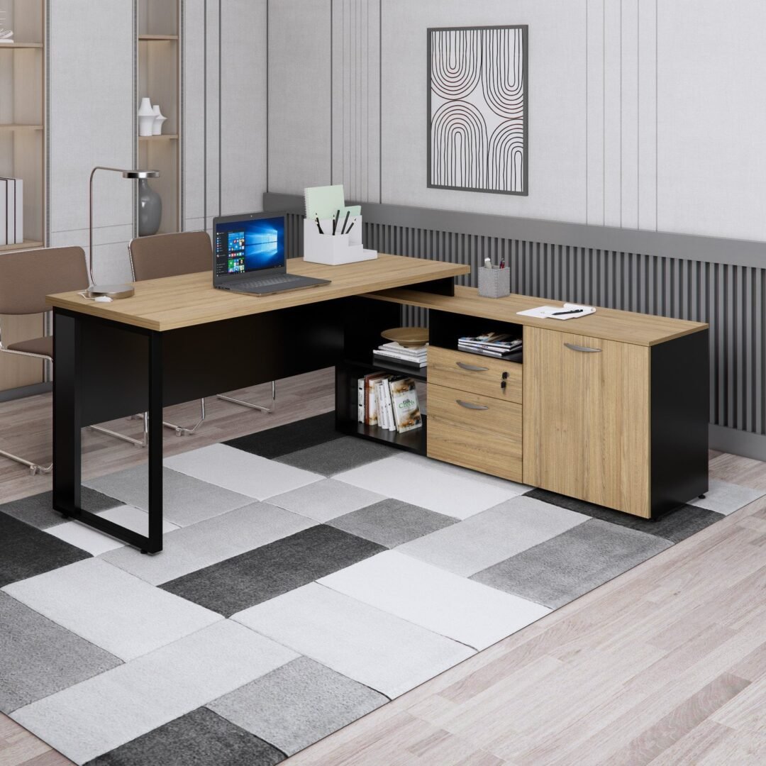 Escrivaninha Mesa Escritório em L com Armário Lateral Pé Quadro 170x150cm Tampo 30mm